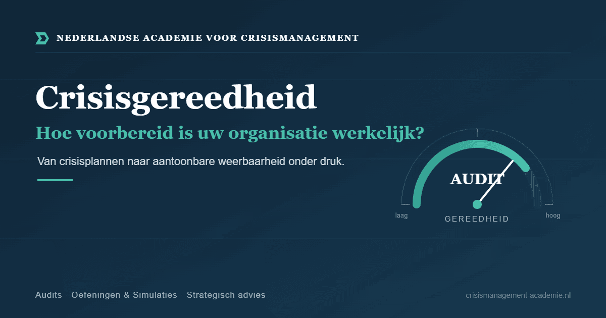 Crisisgereedheid: hoe voorbereid is uw organisatie werkelijk? Crisisgereedheid meter met audit-naald – Nederlandse Academie voor Crisismanagement