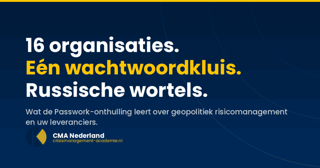 Donkerblauwe visual met de tekst 16 organisaties, één wachtwoordkluis, Russische wortels — Nederlandse Academie voor Crisismanagement