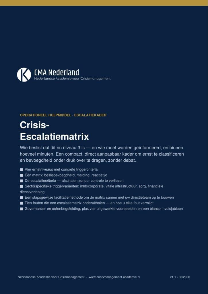 Crisis-escalatiematrix (e-book, 20 p.) Cover van het e-book Crisis-escalatiematrix van de Nederlandse Academie voor Crisismanagement